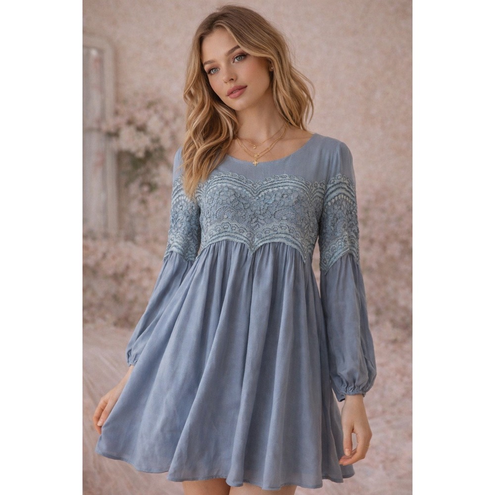 Aura Bella Blue Lace Babydoll Dress Long Sleeve‎ Cottagecore Romantic S